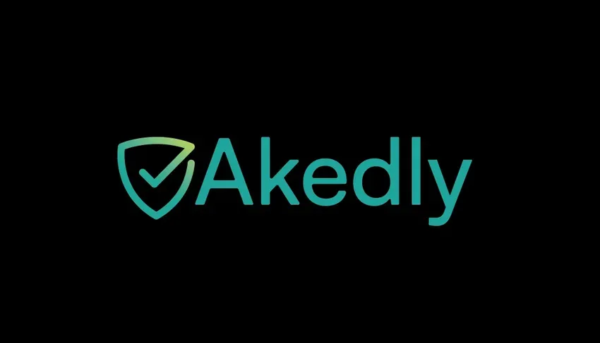 شعار Akedly، درع بعلامة صح بجانب اسم المنصة باللون الأخضر المزرق على خلفية سوداء