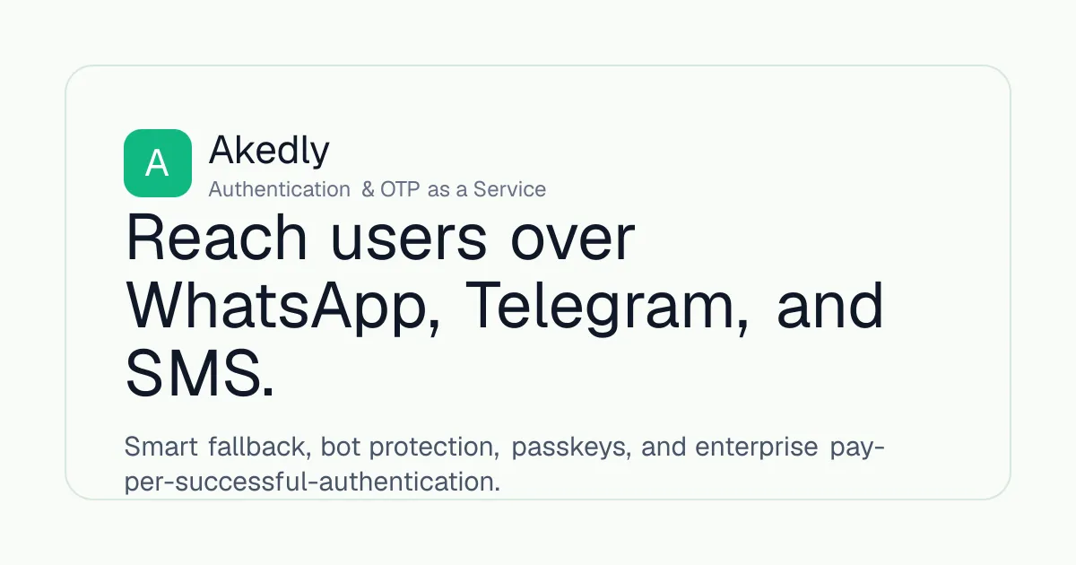 بطاقة تعريف Akedly تقول إنها تصل إلى المستخدمين عبر WhatsApp وTelegram وSMS مع حماية من البوتات والـ passkeys