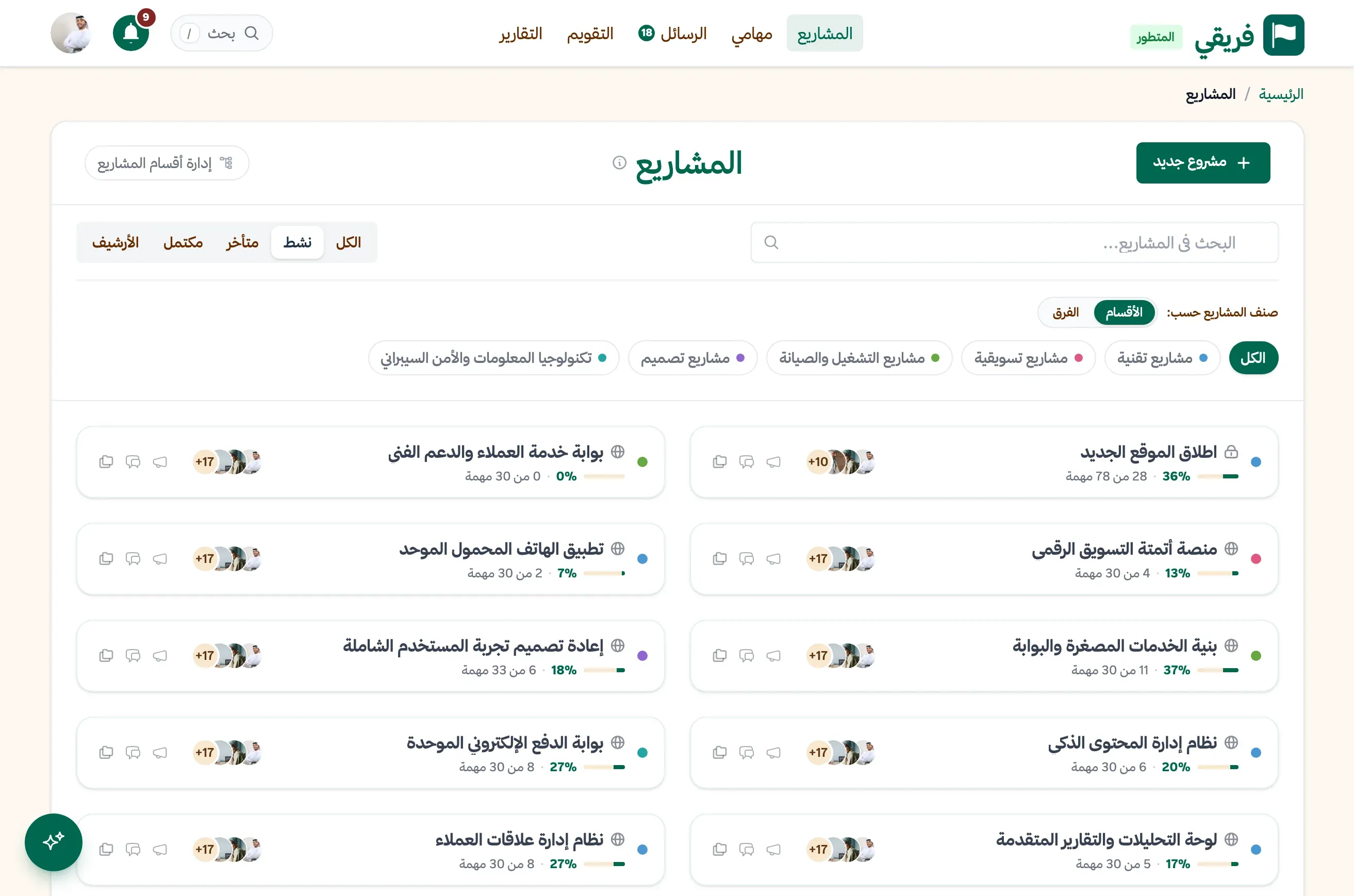 صفحة المشاريع في فريقي، بطاقات مشاريع عليها نسبة الإنجاز وعدد المهام مصنفة حسب الأقسام