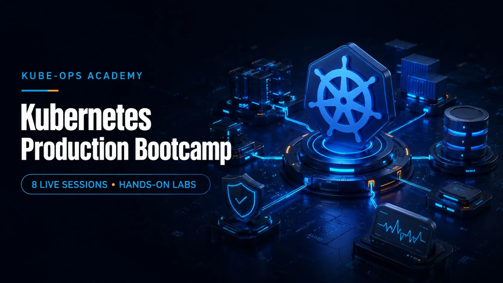 غلاف Kubernetes Production Bootcamp مكتوب عليه 8 جلسات مباشرة ولابات عملية، بجانب رمز Kubernetes