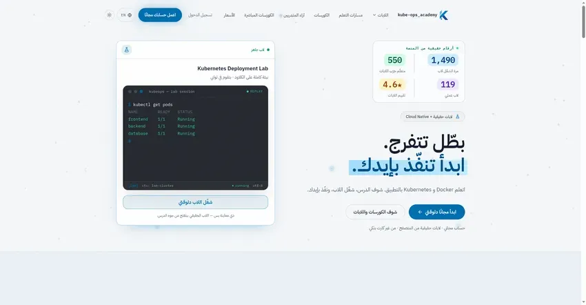 الصفحة الرئيسية للمنصة وعليها عبارة بطّل تتفرج ابدأ تنفّذ بإيدك، وبجانبها نافذة terminal لـ Kubernetes Deployment Lab تعرض ثلاثة pods في حالة Running