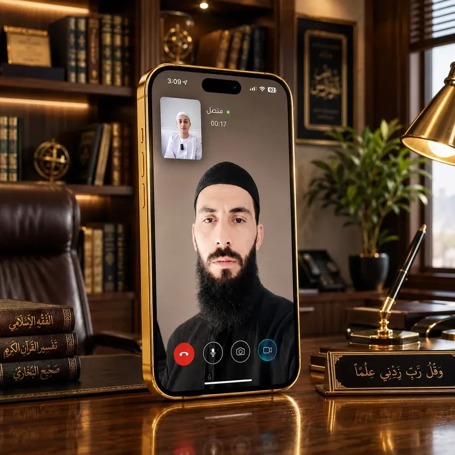 هاتف على مكتب يعرض مكالمة فيديو في تطبيق محراب، وحوله كتب ومصاحف